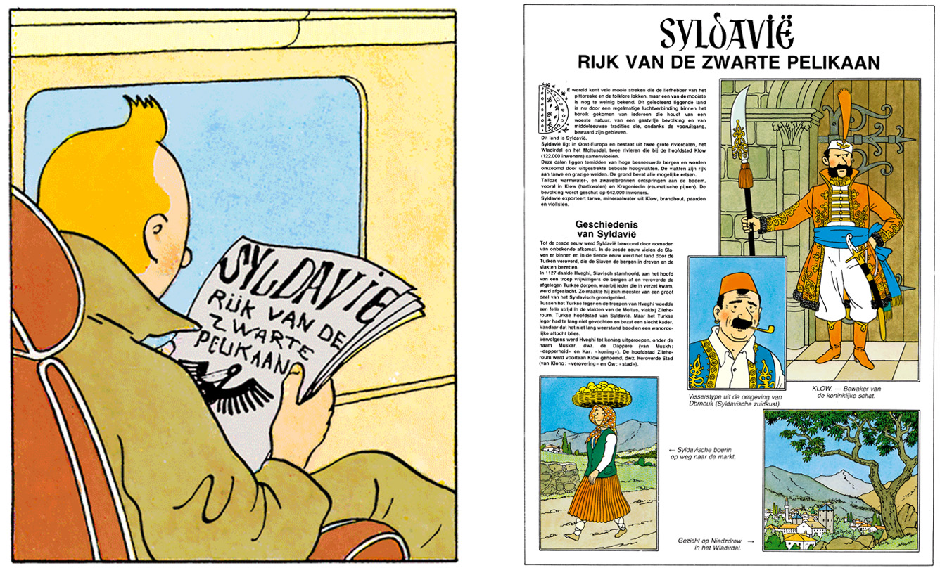 Tintin lit le journal de la Syldavie royaume du pélican noir dans le Sceptre d'Ottokar par Hergé